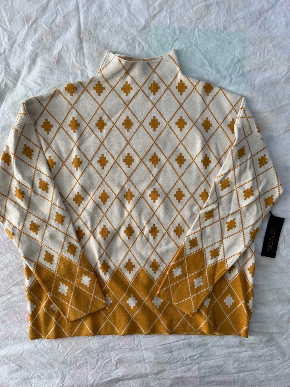 Rachel Zoe Cream and Mustard Argyle Turtleneck Sweater